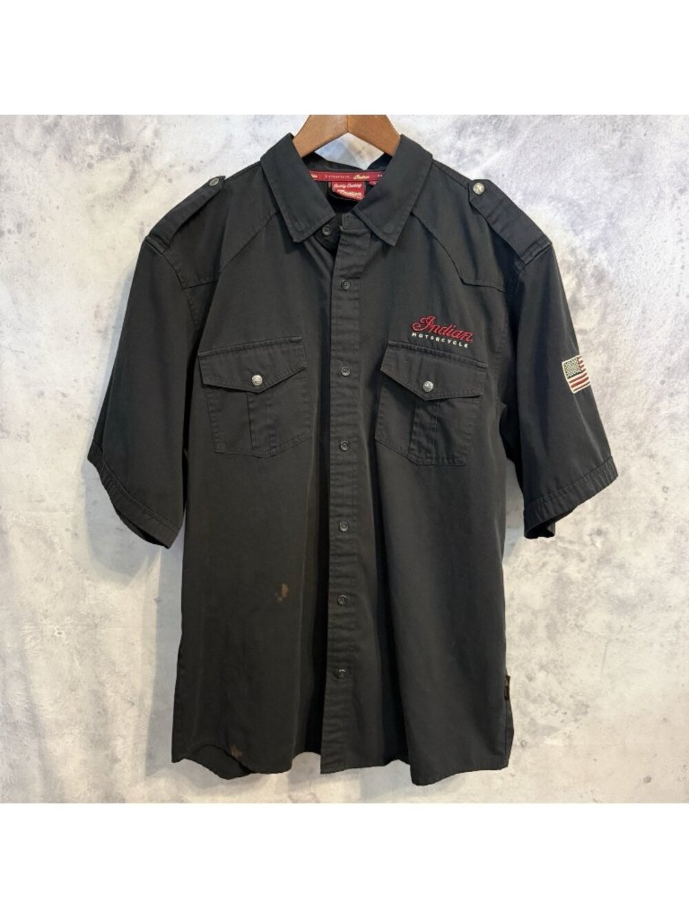 Indian Motorcycle Button Up Mechanic Shirt Mens Large L Black Embroidered